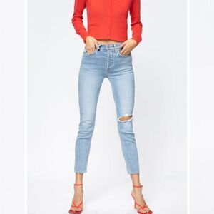 RE/DONE 90s High Rise Ankle Crop Worn Bright Blue Jeans size 25